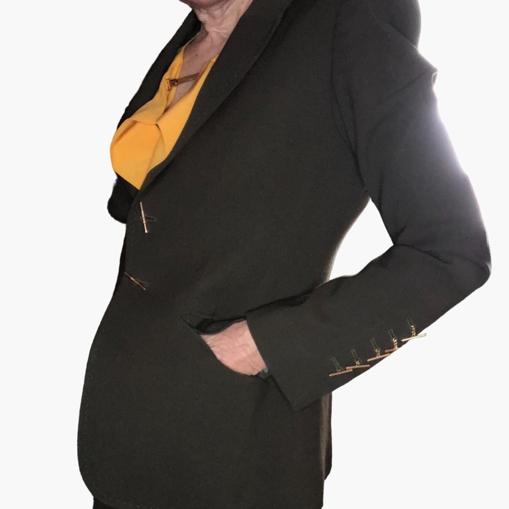 Escada dark olive green wool military style pant suit with gold tone bar buttons